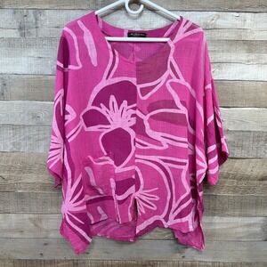 New Collection Made in Italy Pink Floral Linen Cotton Oversized Blouse Top 4XL